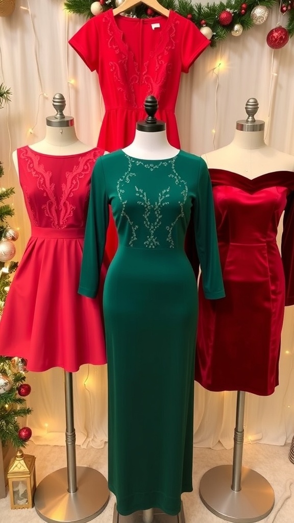 A display of short Christmas dresses in red, green, and velvet, set against a festive holiday backdrop.
